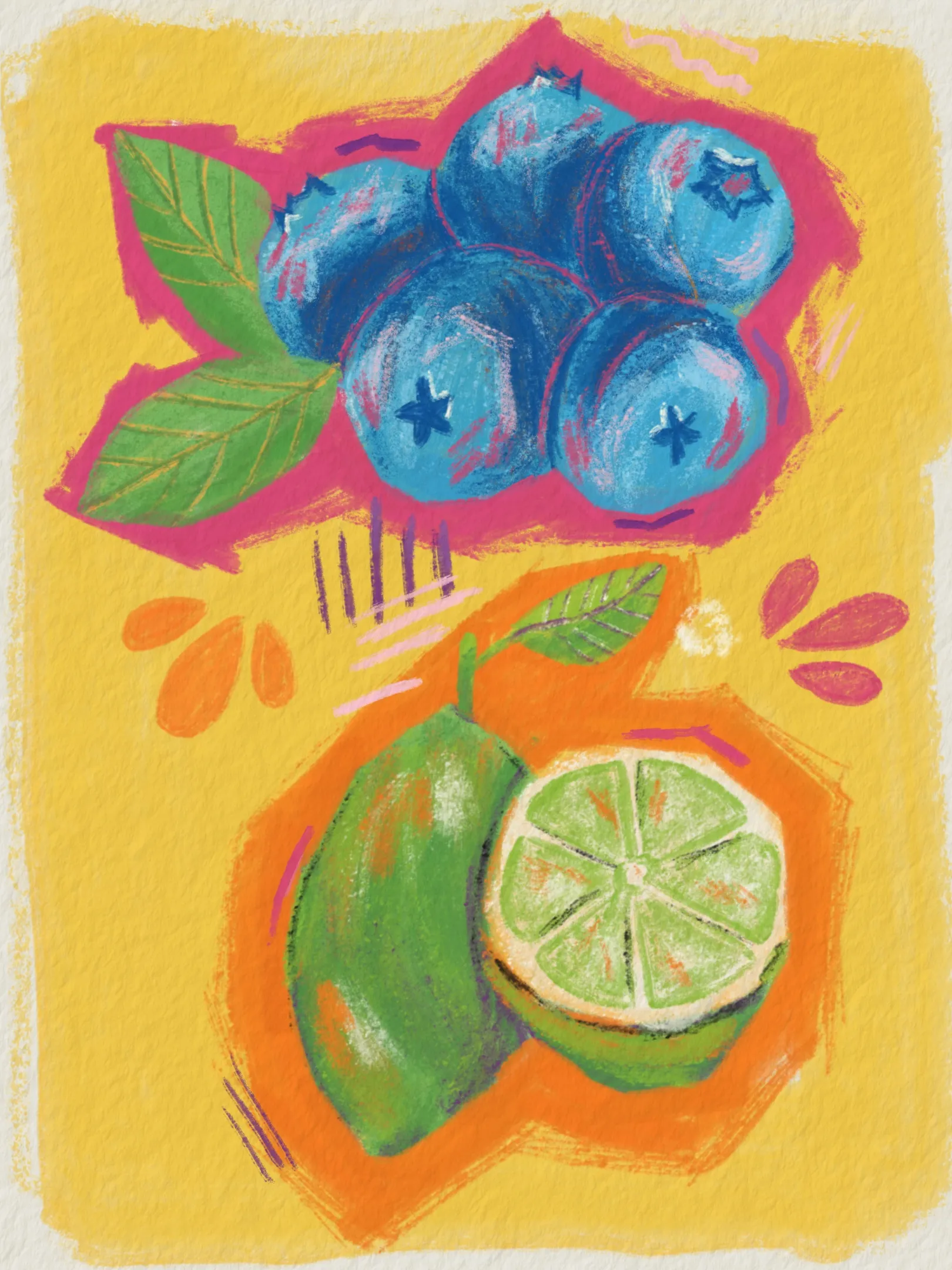 A digital painting of bluberries on a pink background and limes on an orange background