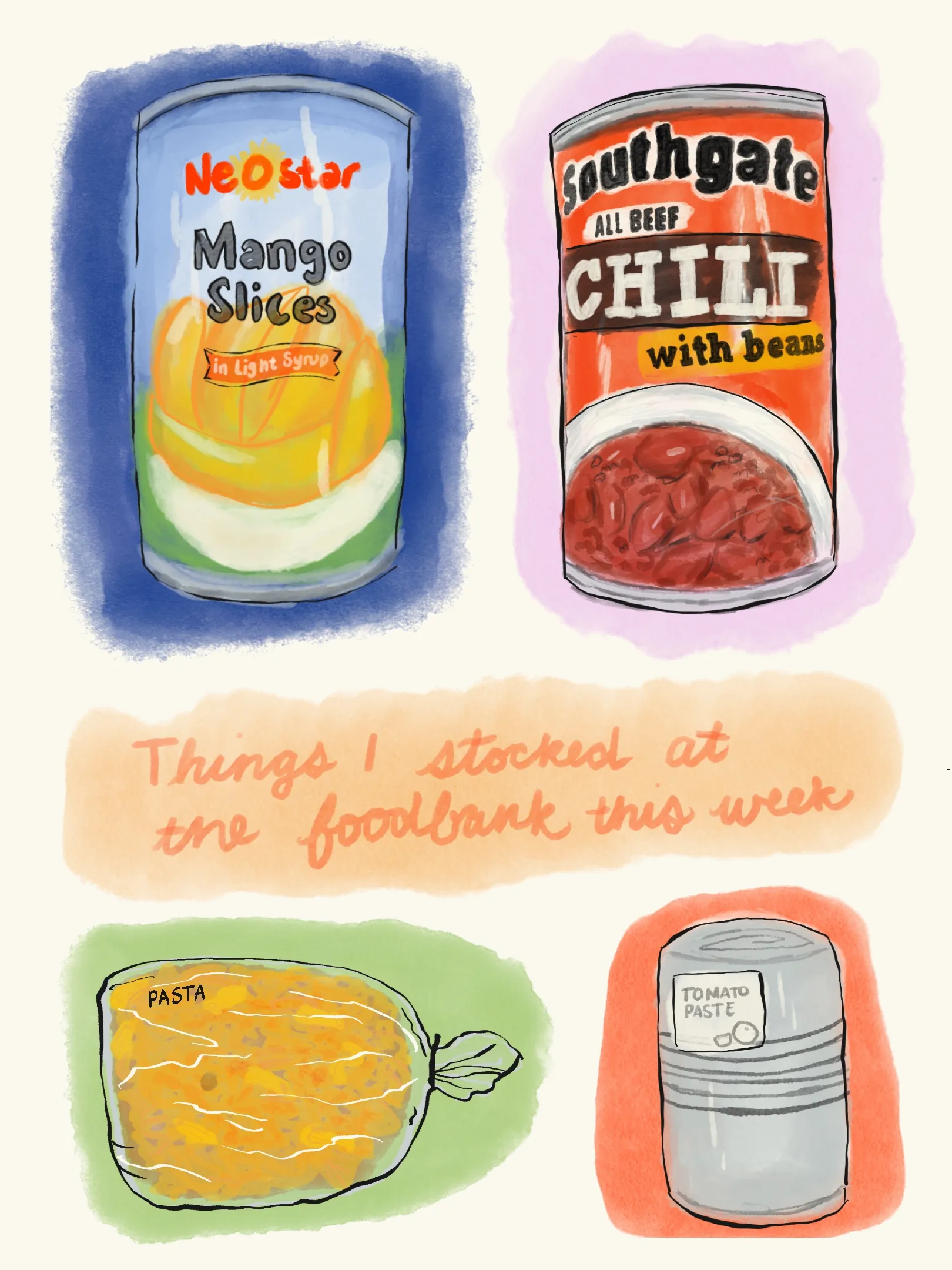A flatlay of grocery items in digital illustration