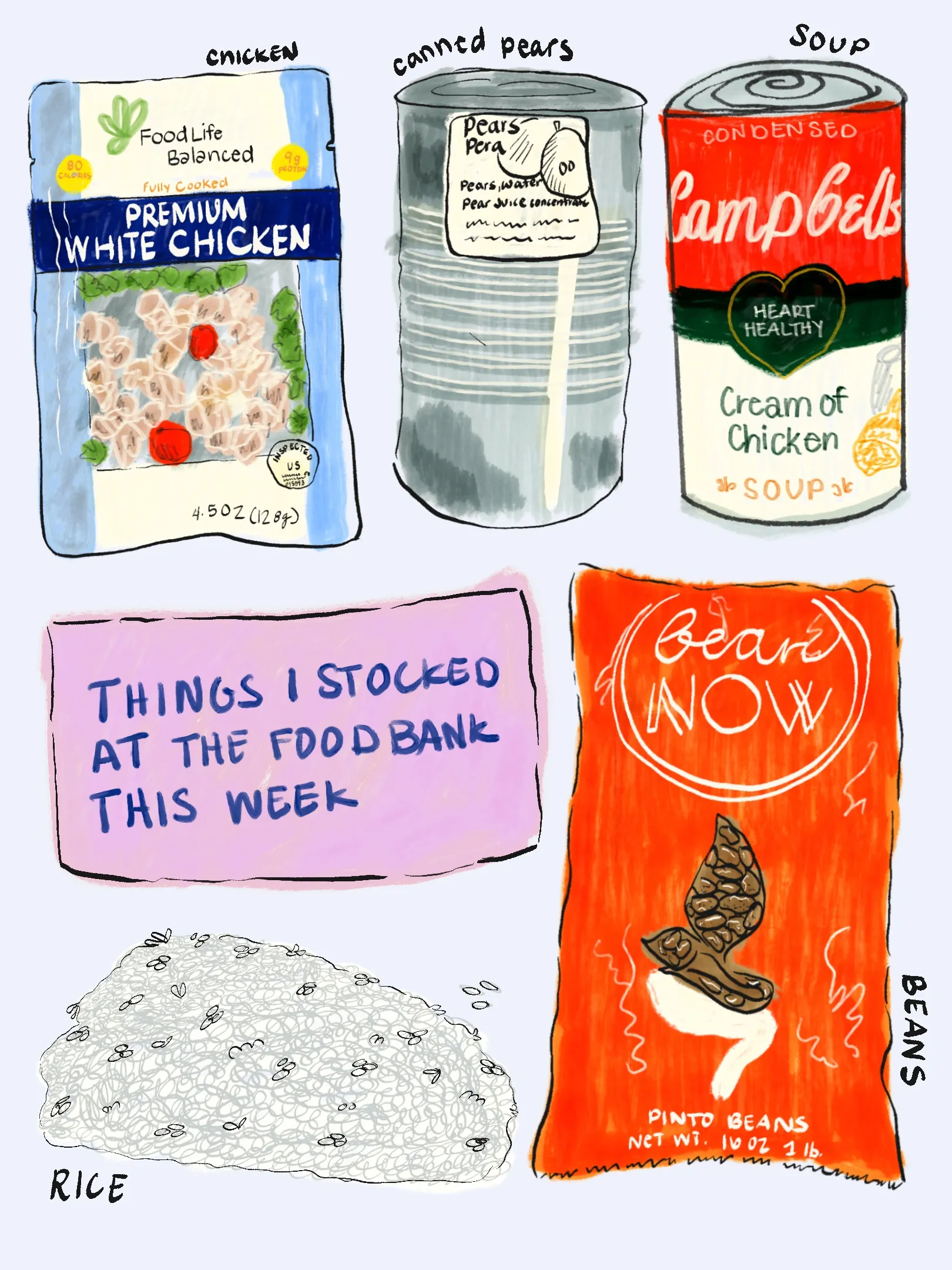 A flatlay of grocery items in digital illustration